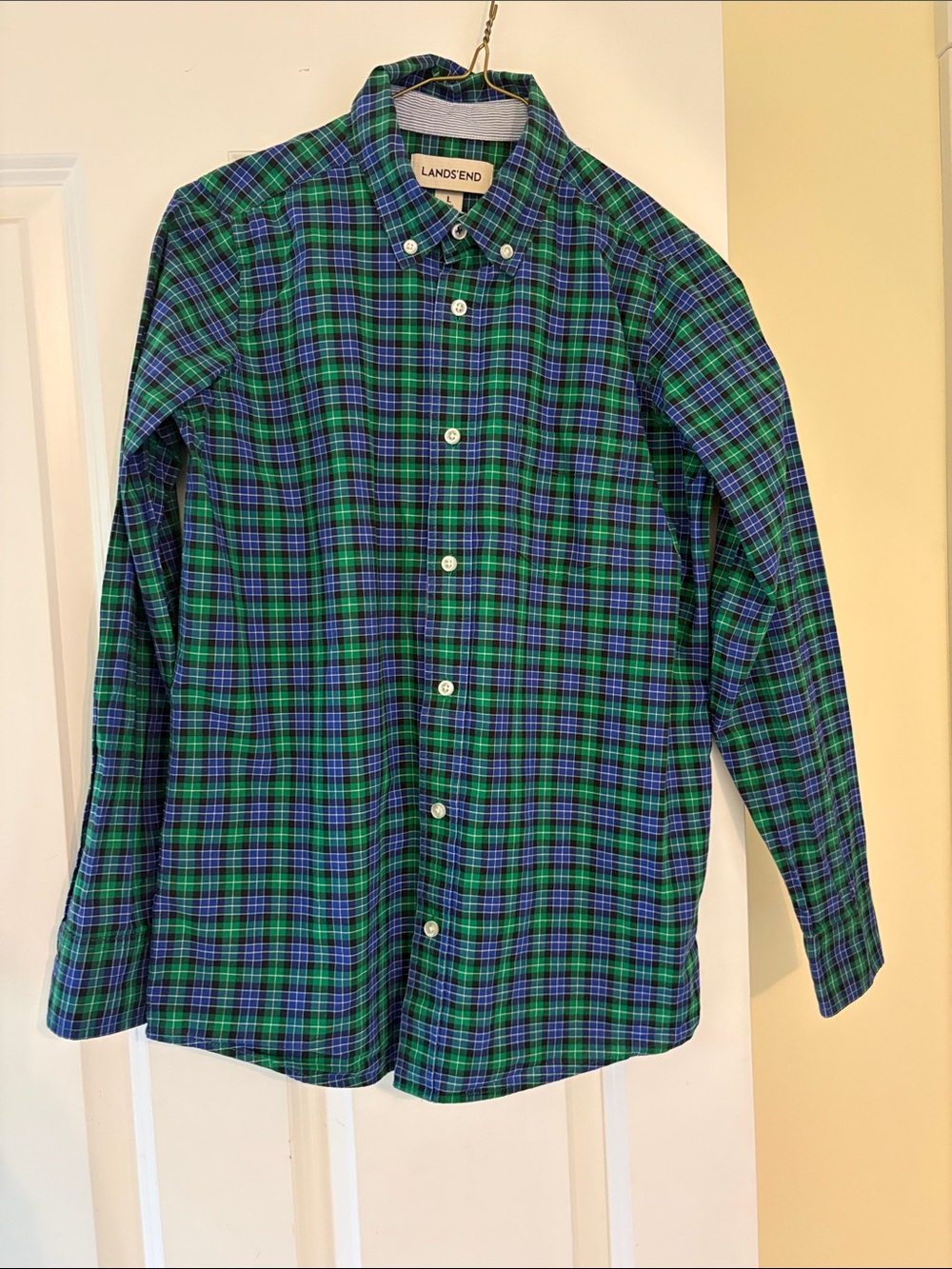 Lands' End Green and Blue Plaid Button-Down Shirt